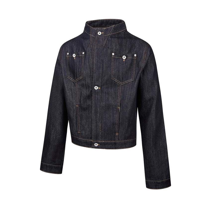 Dark Indigo Denim Moto Jacket – Stand Collar, Cropped Fit, Snap Buttons