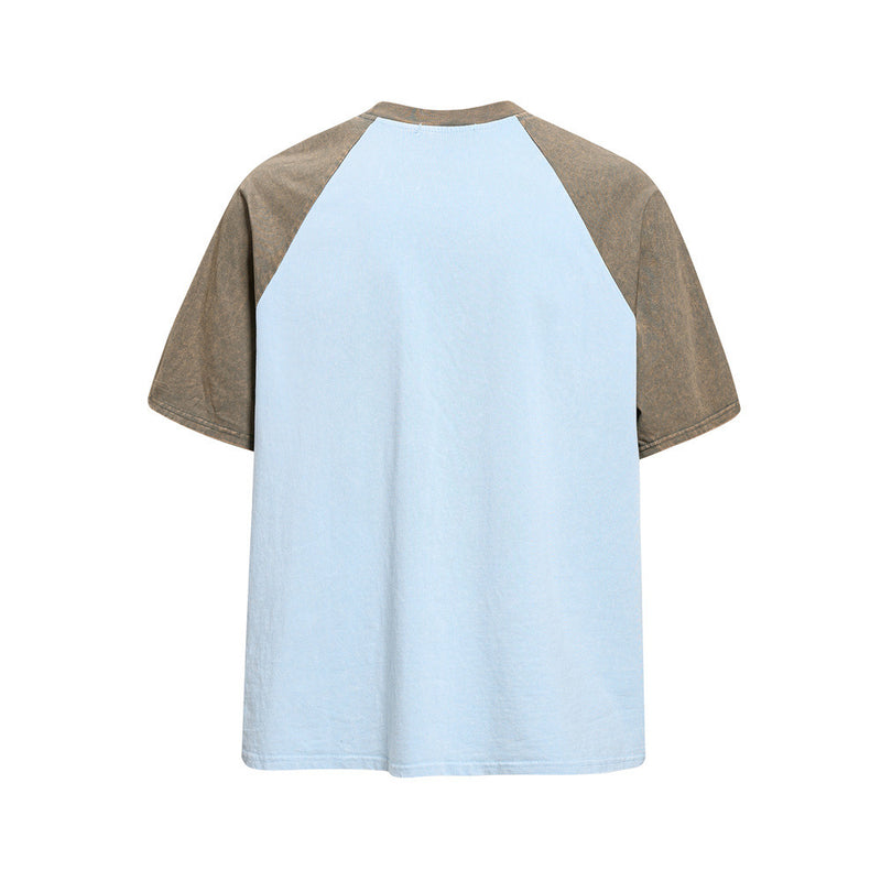 Light blue and brown raglan colorblock T-shirt with a vintage washed look and relaxed short sleeves