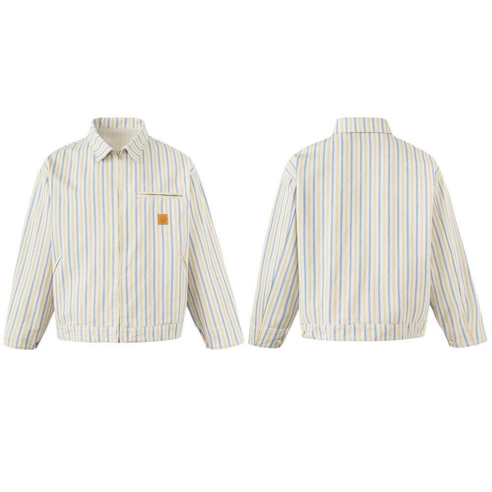 Striped Zip-Up Workwear Jacket – Relaxed Fit Retro Shirt Collar Outerwear