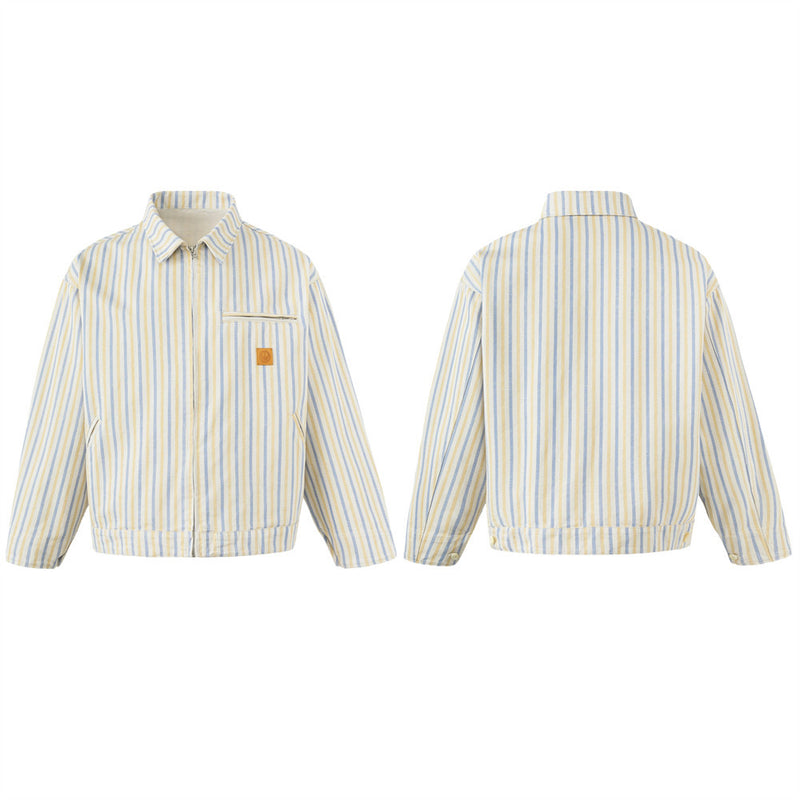 Striped Zip-Up Workwear Jacket – Relaxed Fit Retro Shirt Collar Outerwear