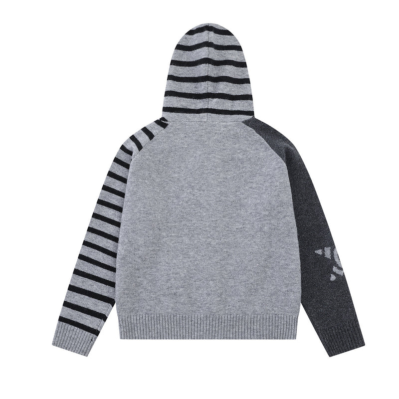 Cartoon Cat Knit Zip-Up Hoodie – Striped Colorblock Cardigan Sweater