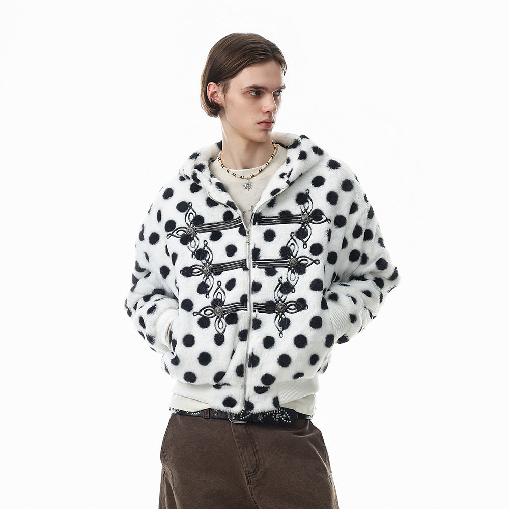 Polka Dot Faux Mink Hooded Zip Jacket – Oversized Streetwear Coat with Ornate