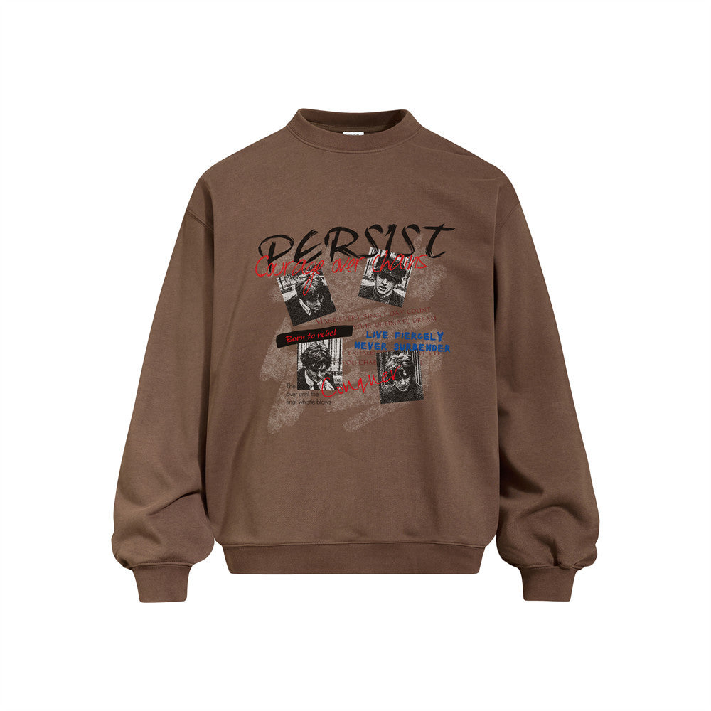 Oversized Persist graphic crewneck sweatshirt in Coffee Brown with collage-style portrait print and motivational text