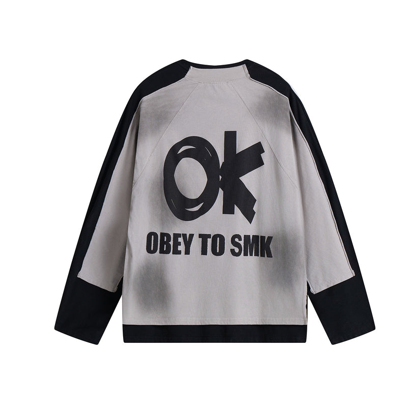 T-shirt graphique color-block à manches longues – Haut streetwear oversize bicolore délavé