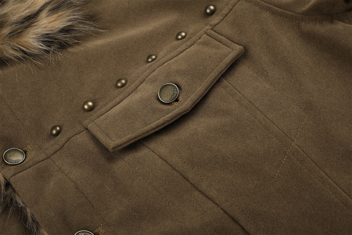 Faux Fur Collar Suede Jacket with Leopard Trim & Studs