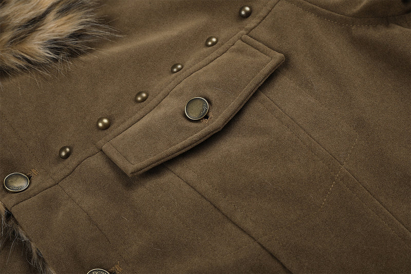 Faux Fur Collar Suede Jacket with Leopard Trim & Studs