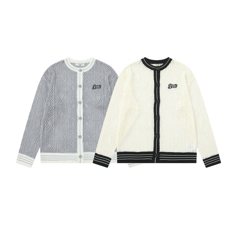 Cardigan en maille ajourée à col rond pour homme – Texture losanges, coupe décontractée