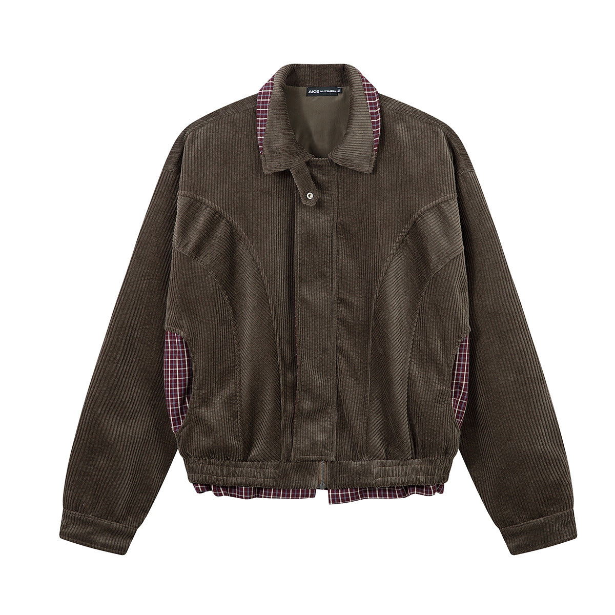 Corduroy Boxy Jacket with Plaid Contrast Lining – Retro American Style