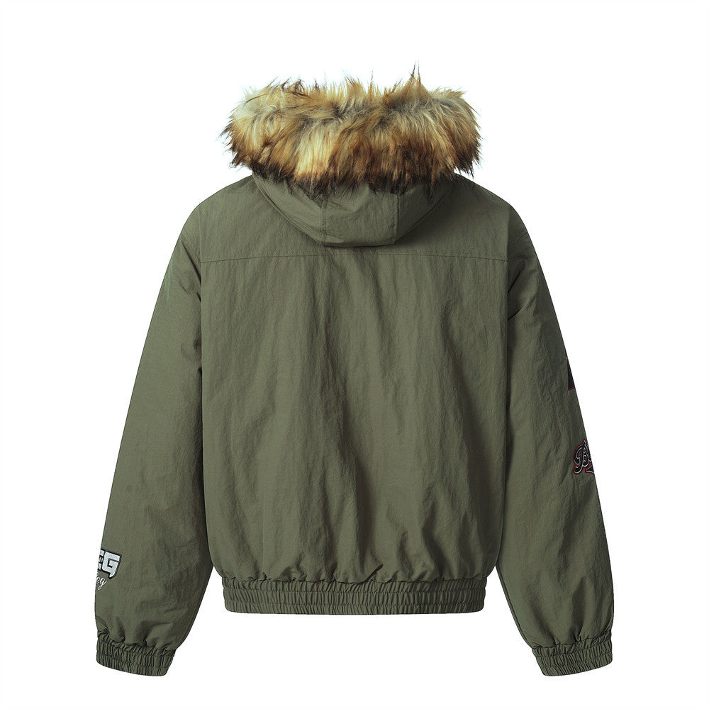 Men's Army Green Varsity Patch Faux Fur Hood Puffer Jacket