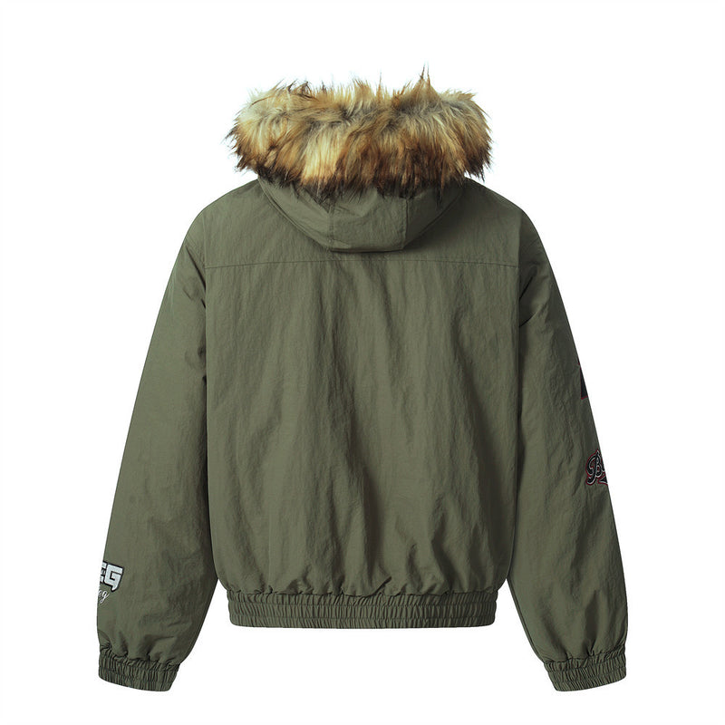 Men's Army Green Varsity Patch Faux Fur Hood Puffer Jacket