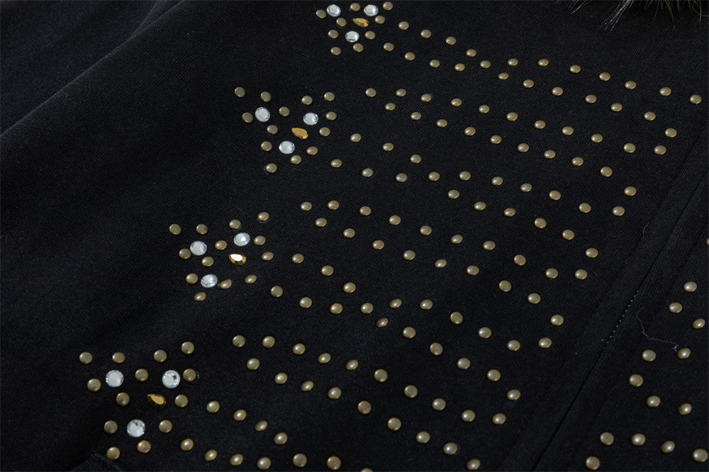 Fur-Trim Zip-Up Hoodie with Studded Skeleton Design – Oversized Streetwear