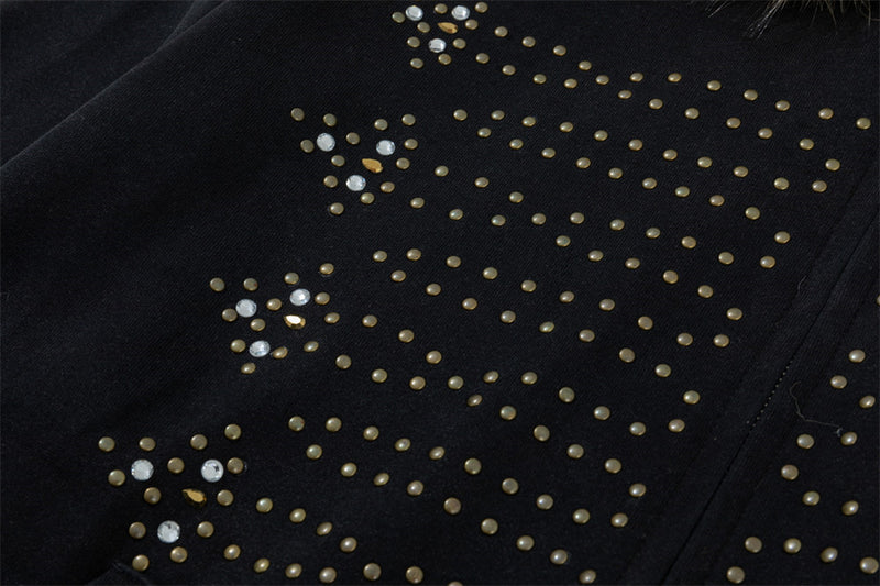 Fur-Trim Zip-Up Hoodie with Studded Skeleton Design – Oversized Streetwear