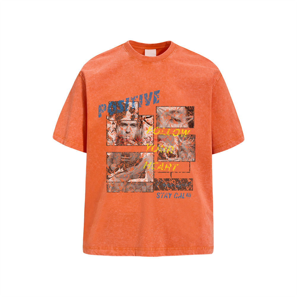 オレンジのオーバーサイズウォッシュドTシャツ、ヴィンテージポートレートコラージュとブルー・イエロー・レッドのグラフィックテキスト付き
