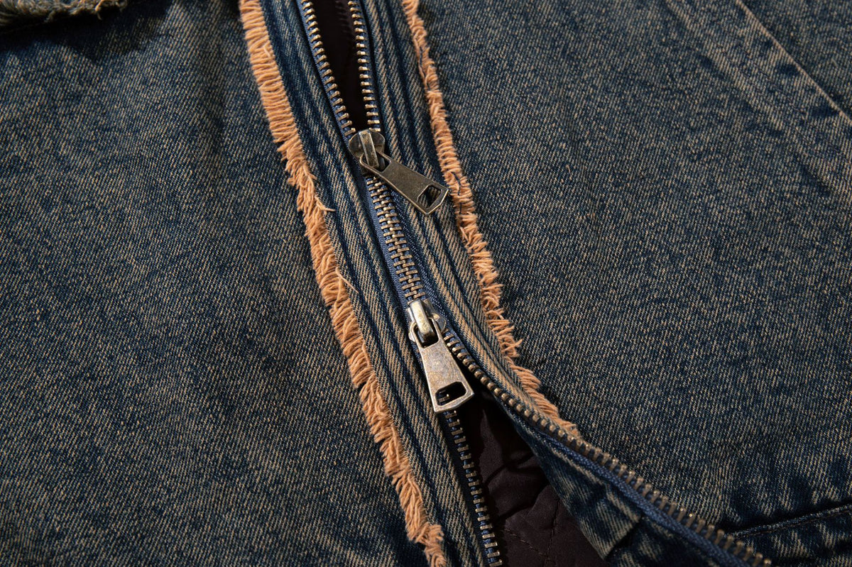 Hooded Denim Jacket with Fur Collar, Number 23 Varsity Patch & Acid Wash Finish
