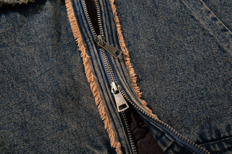 Hooded Denim Jacket with Fur Collar, Number 23 Varsity Patch & Acid Wash Finish