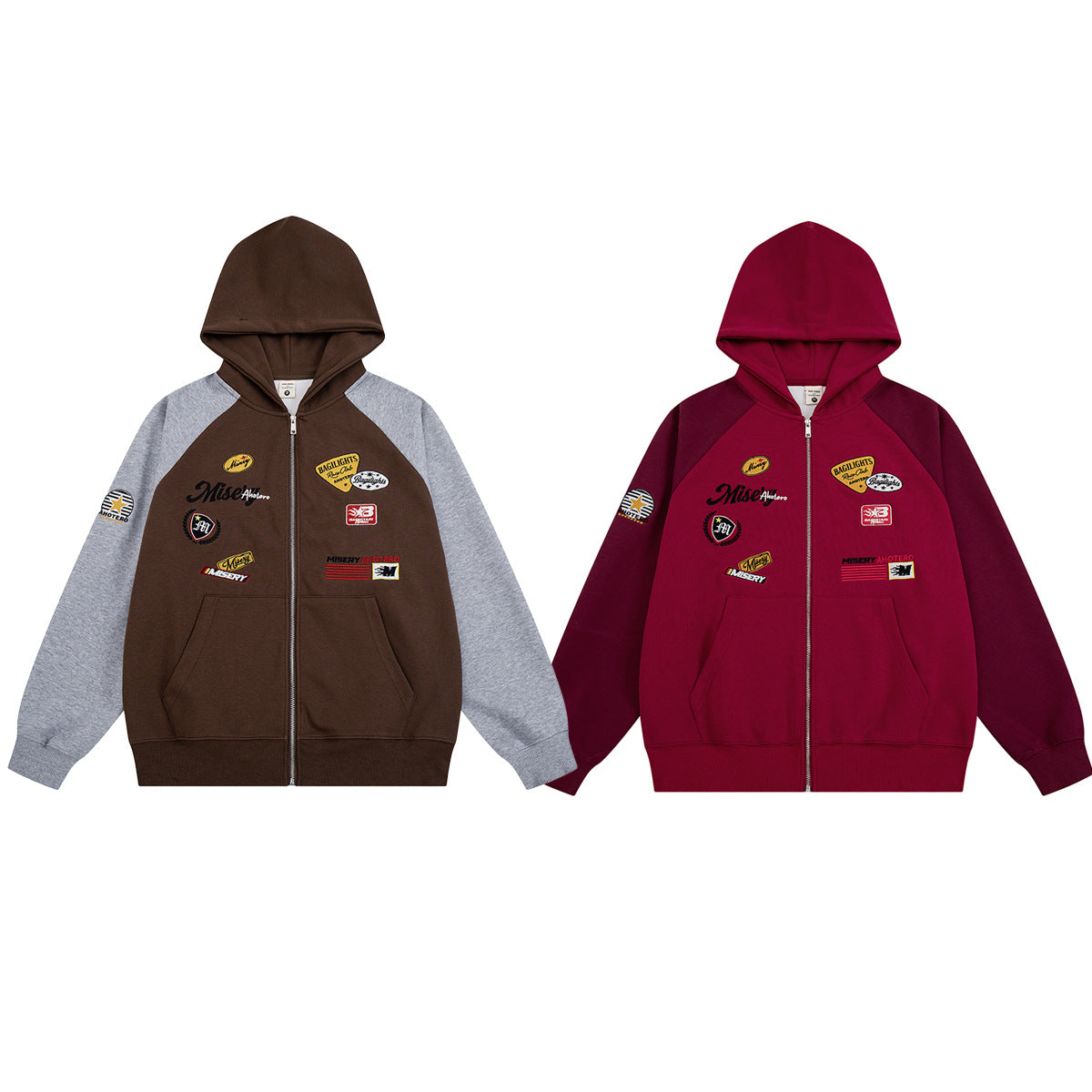 Sweat zippé rétro avec écussons racing – Modèle raglan color block à badges brodés