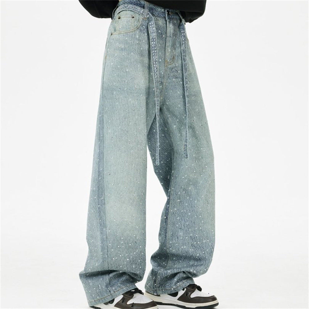 Y2K Baggy Jeans Mens Wide-Leg Rhinestone Embellished Denim Pants