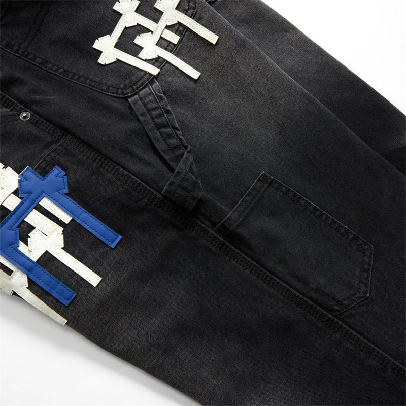 Black Washed Wide-Leg Cargo Jeans with Cross Embroidery Patches