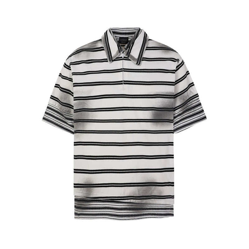 Oversized Striped Polo Shirt – Half-Zip Collar Short Sleeve Tee