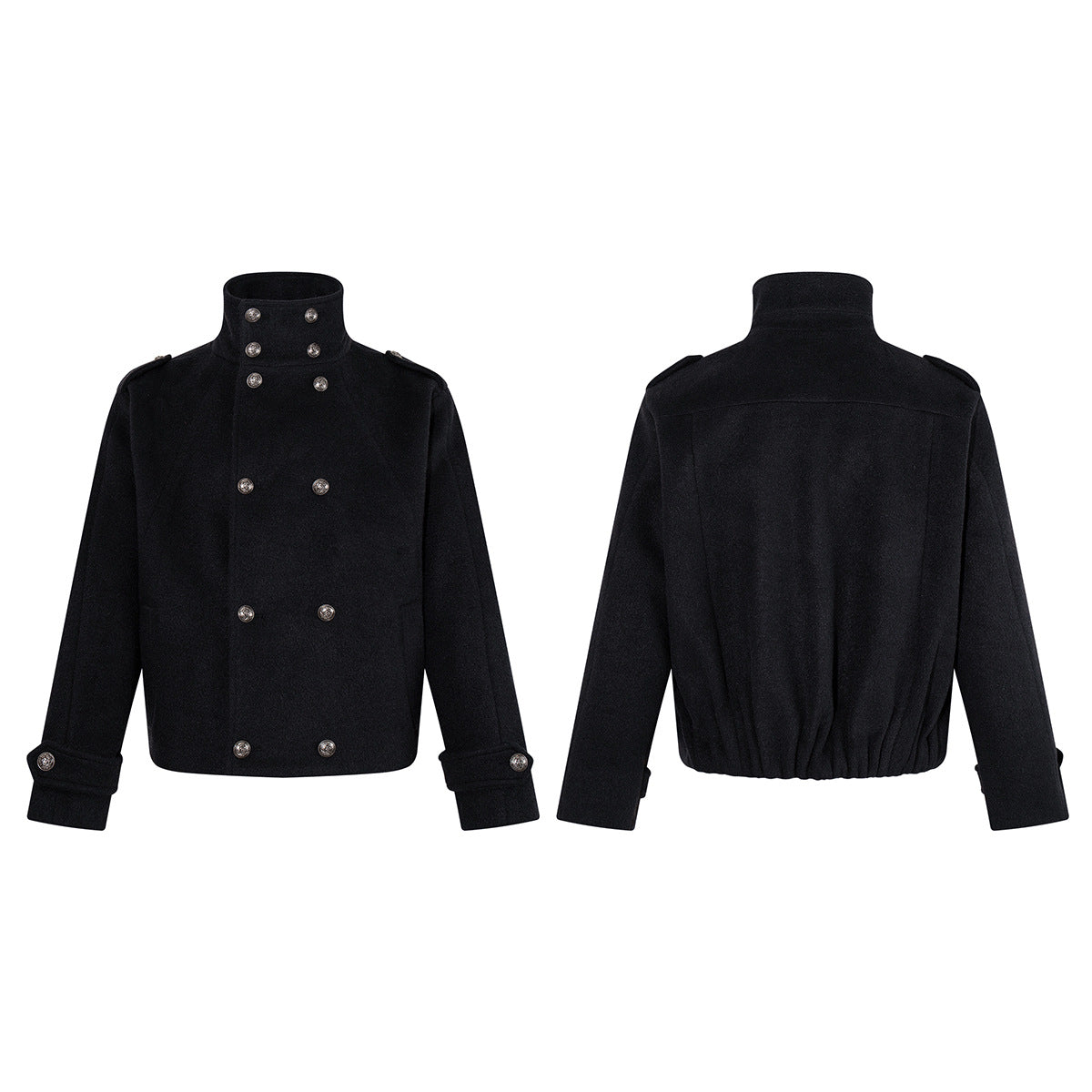 Men's Black Double-Breasted Military Wool Jacket with Stand Collar