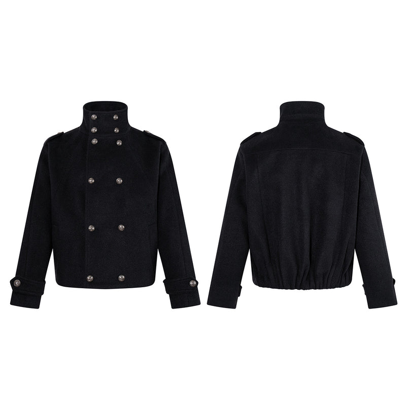 Men's Black Double-Breasted Military Wool Jacket with Stand Collar