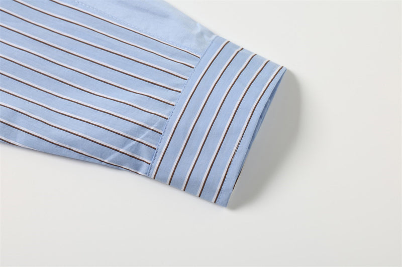 Men's Light Blue Striped Long-Sleeve Button-Down Shirt with Letter Embroidery