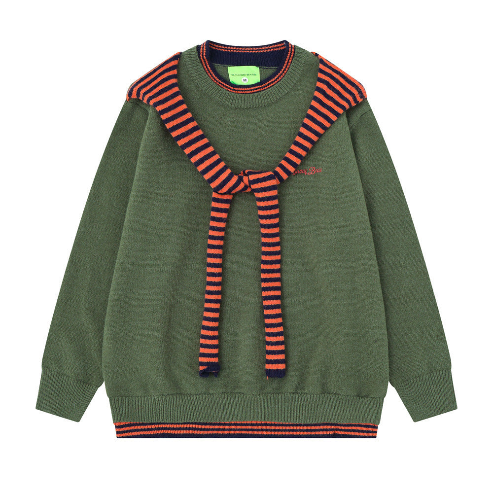 Mens Crew Neck Sweater with Faux Sailor Shawl Striped Knit Pullover