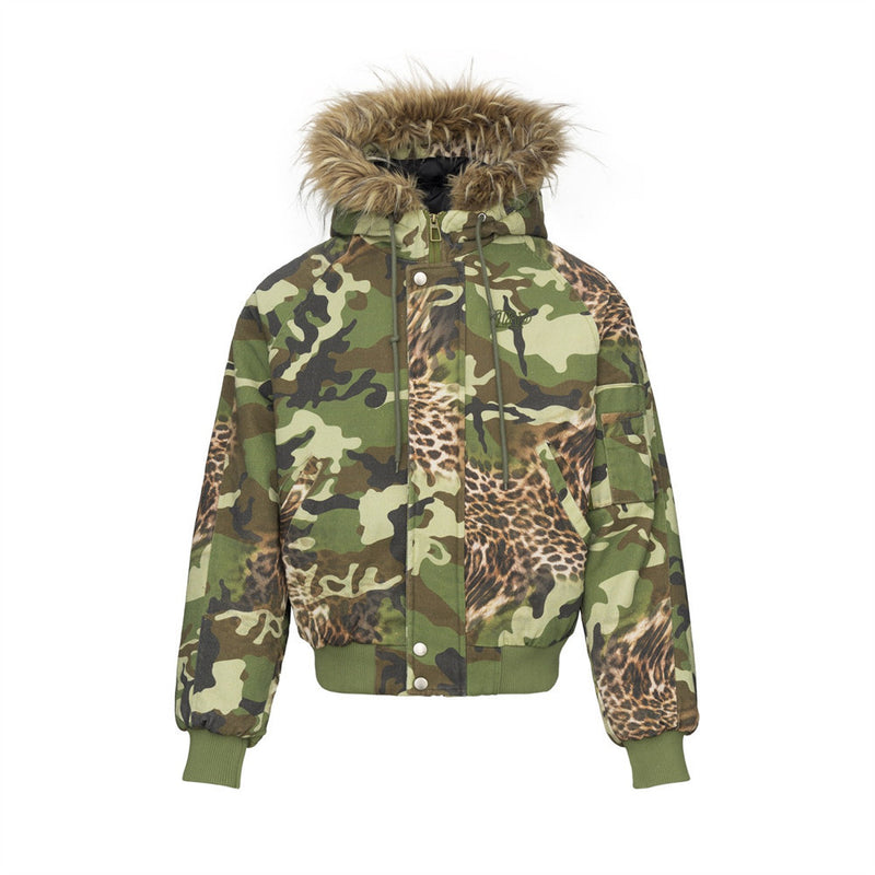 Chaqueta bomber de camuflaje y estampado de leopardo con capucha y ribete de pelo sintético
