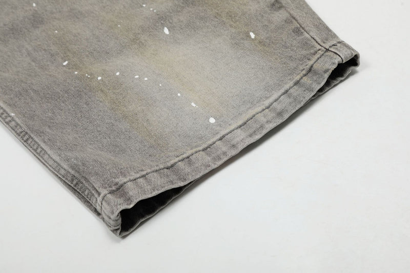 Jean baggy à jambes larges – Denim gris délavé à l’acide avec éclaboussures de peinture