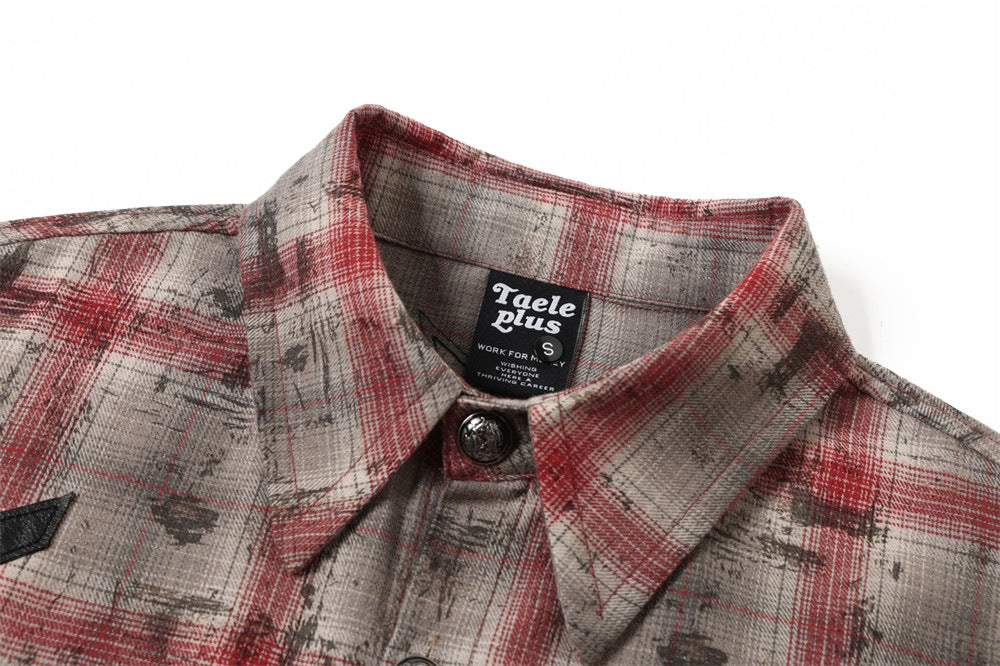 Distressed Plaid Long-Sleeve Shirt with Black Star Patches – Vintage Punk Style