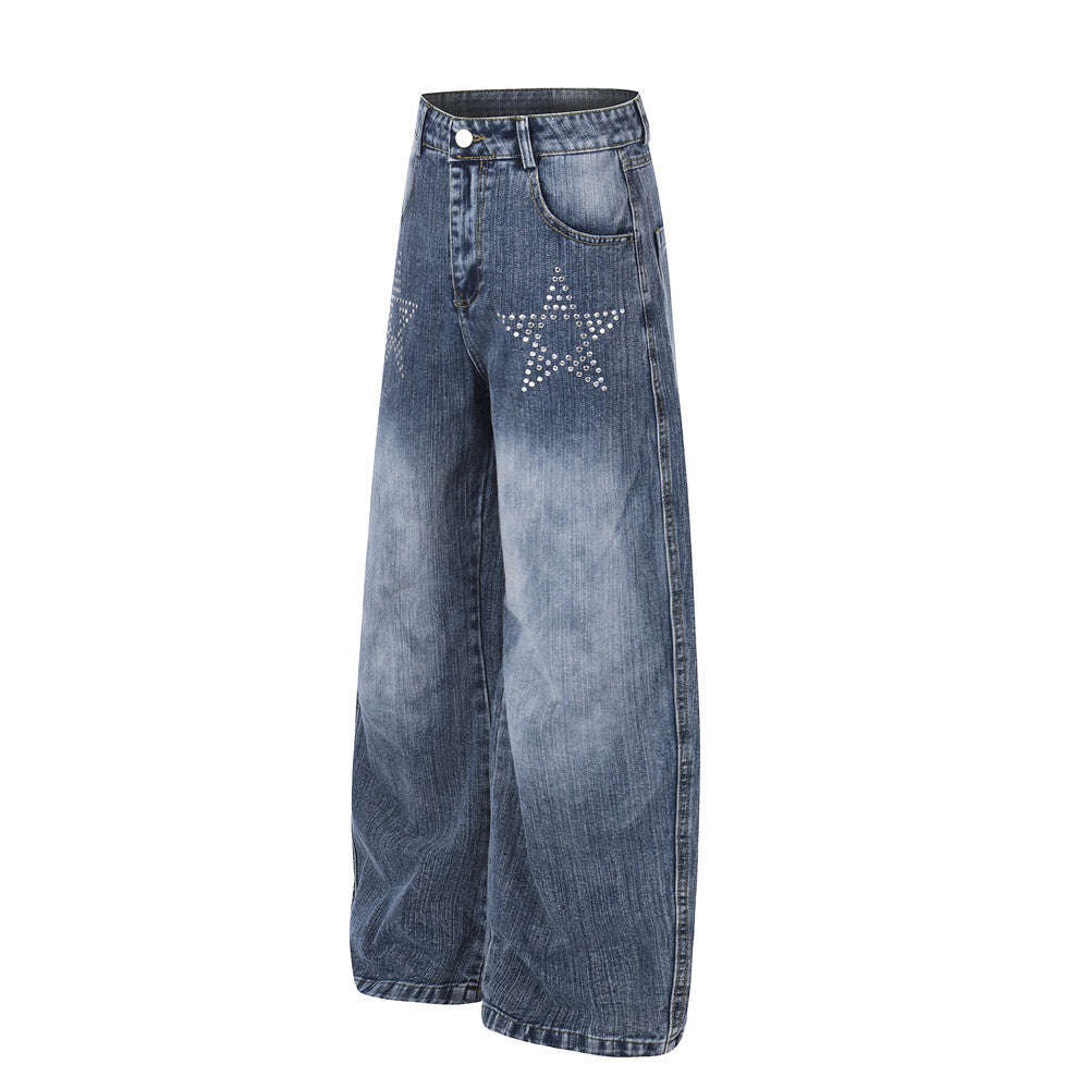 Vintage Washed Wide-Leg Jeans with Star Rhinestone Detail