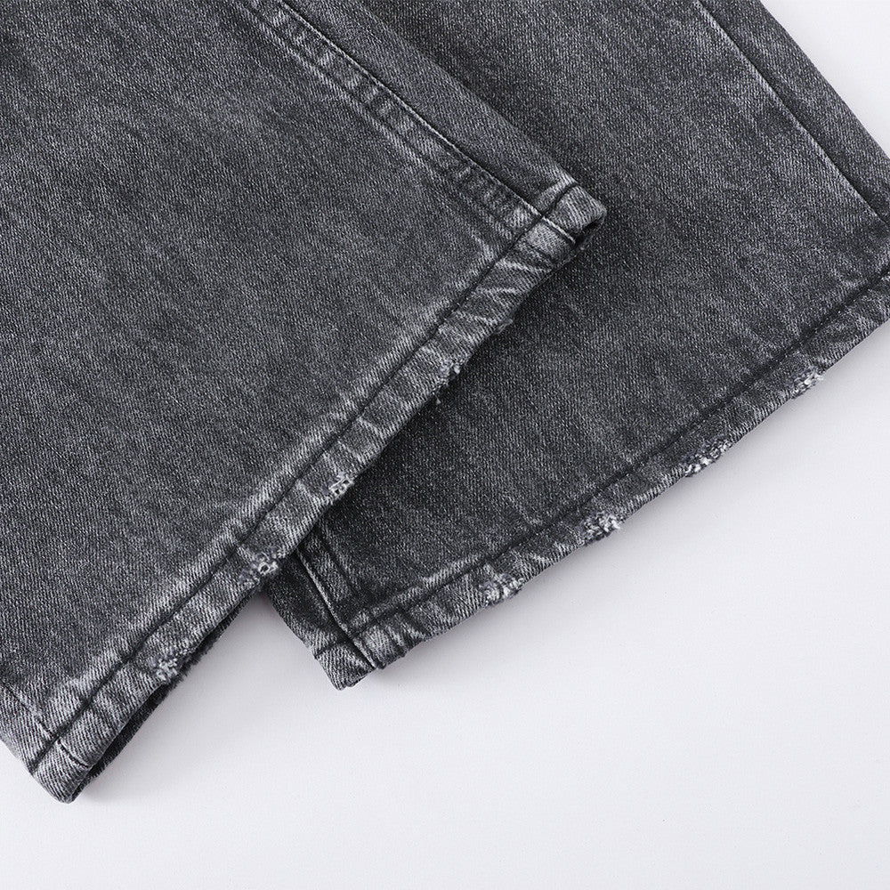 Wide-Leg Jeans Men's Washed Grey Vintage Distressed Baggy Denim Pants