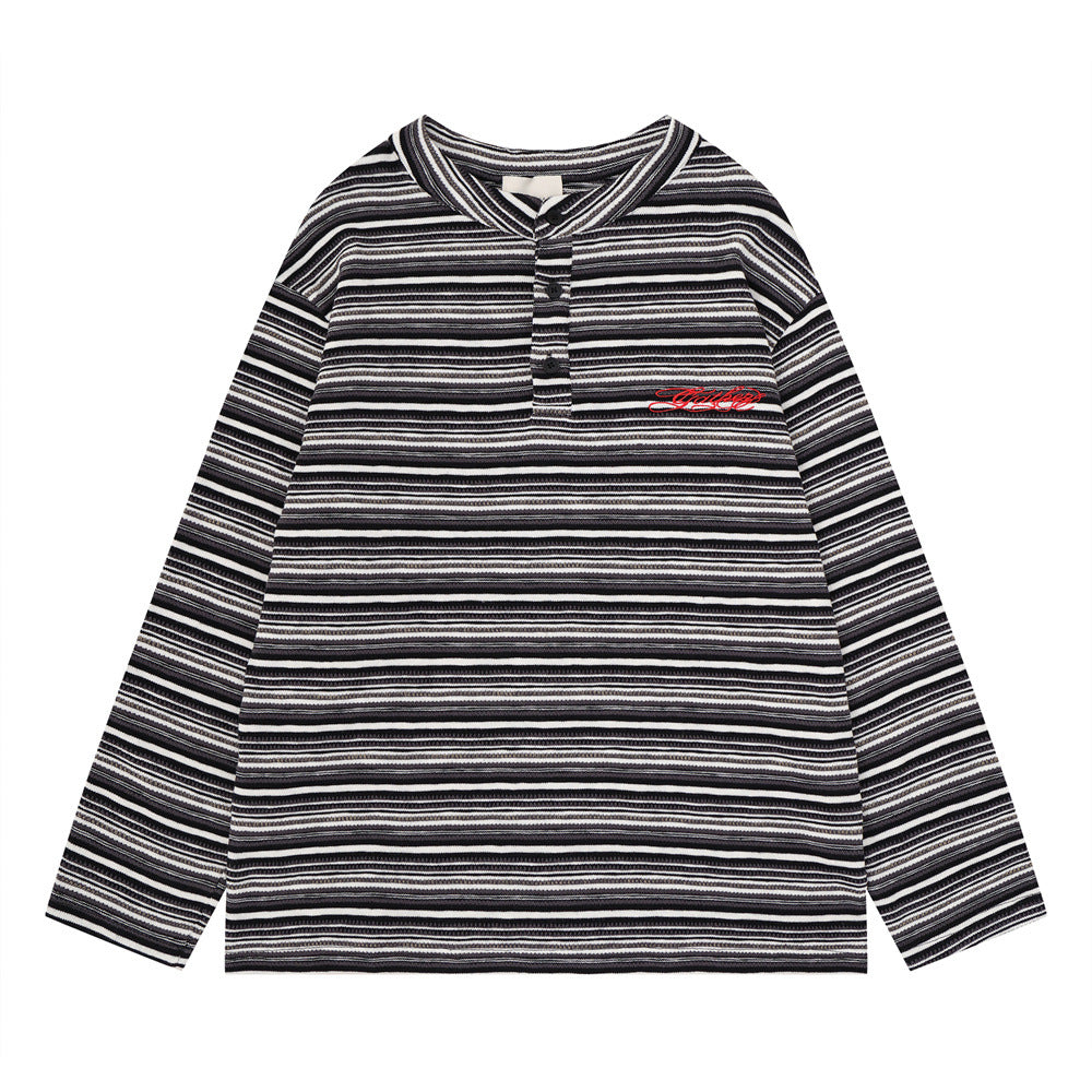 Chemise homme rayée à manches longues style Henley – Haut en maille à coupe décontractée avec boutons
