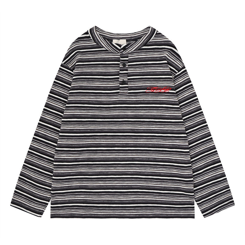 Chemise homme rayée à manches longues style Henley – Haut en maille à coupe décontractée avec boutons