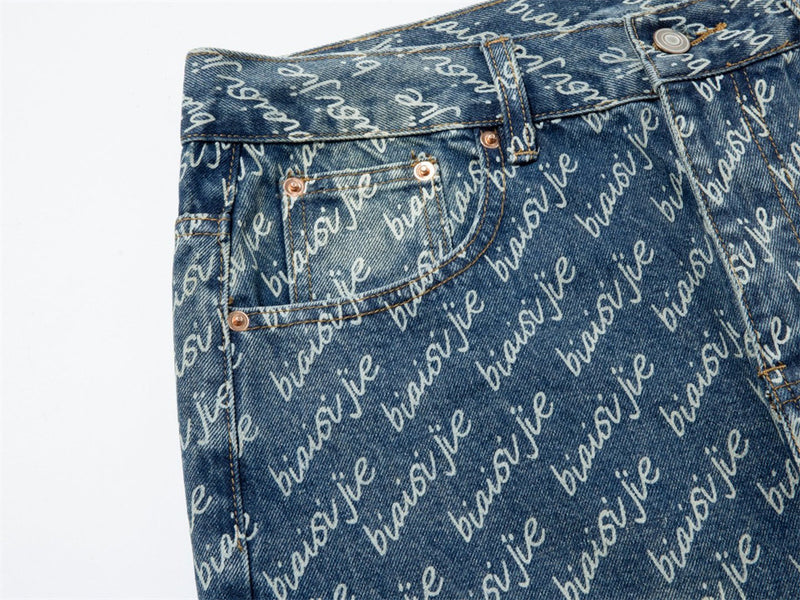 Men's Wide-Leg Jeans – Allover Script Letter Print, Loose Straight Fit