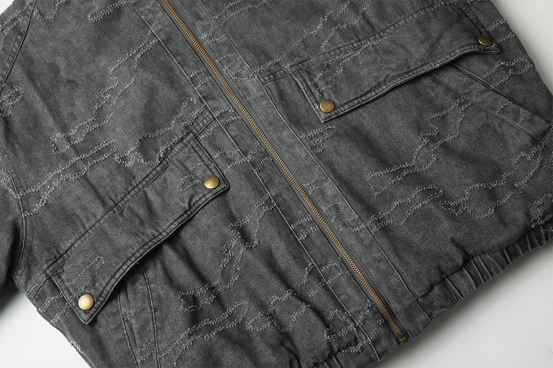 Camo Jacquard Padded Bomber Jacket with Faux Fur Hood