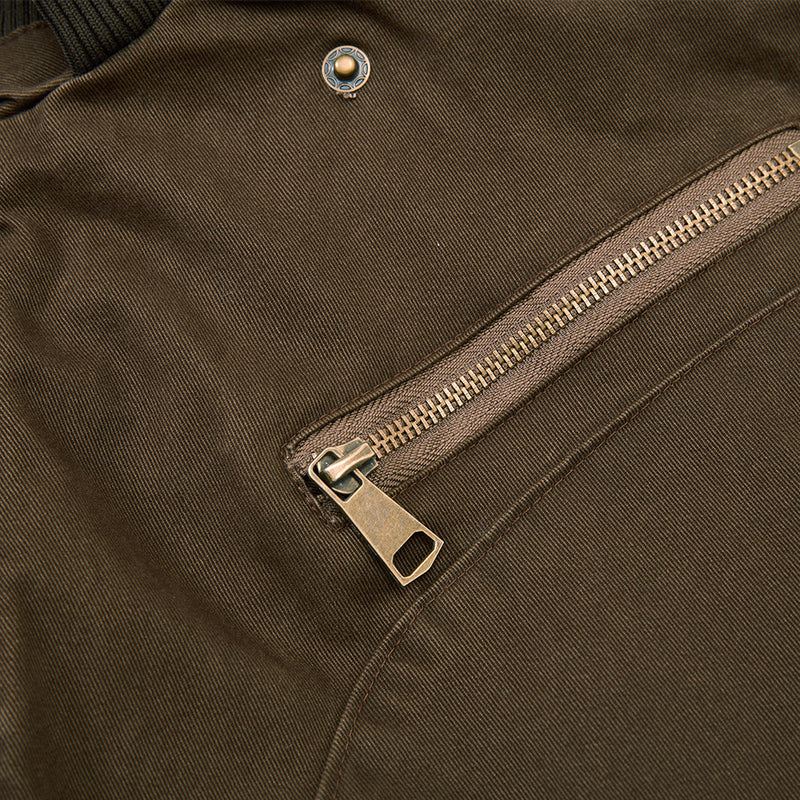 Washed Cargo Bomber Jacket – Men's Oversized Stand Collar with Double Chest Zips