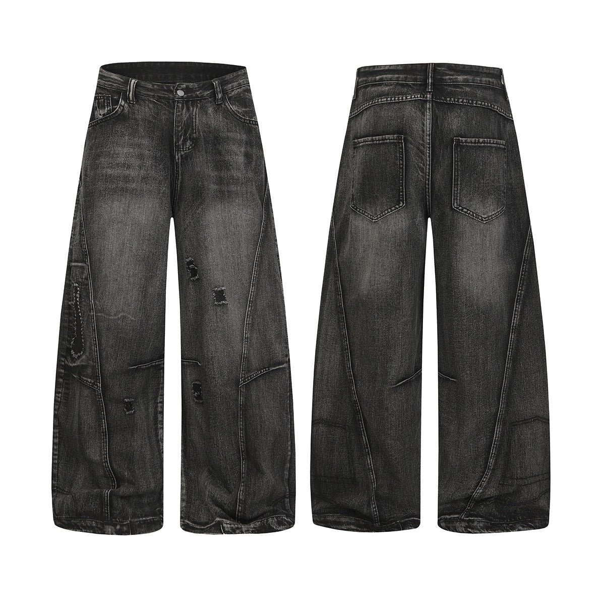 Jean noir baggy déchiré à jambes larges, finition délavée à l'acide et coutures d'empiècements arrondies, vues avant et arrière