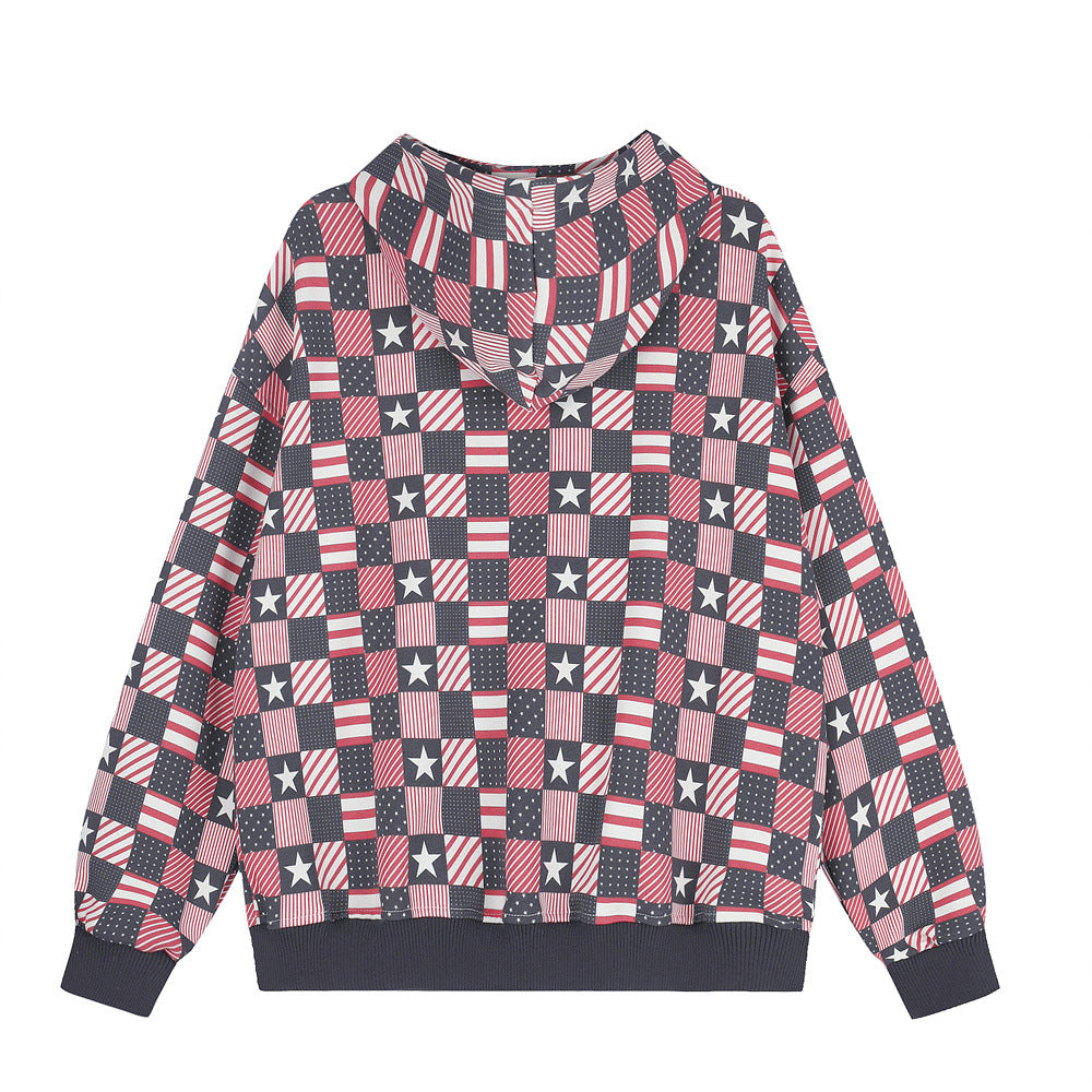 Checkerboard American Flag Print Zip-Up Hoodie Jacket – Oversized Stars &