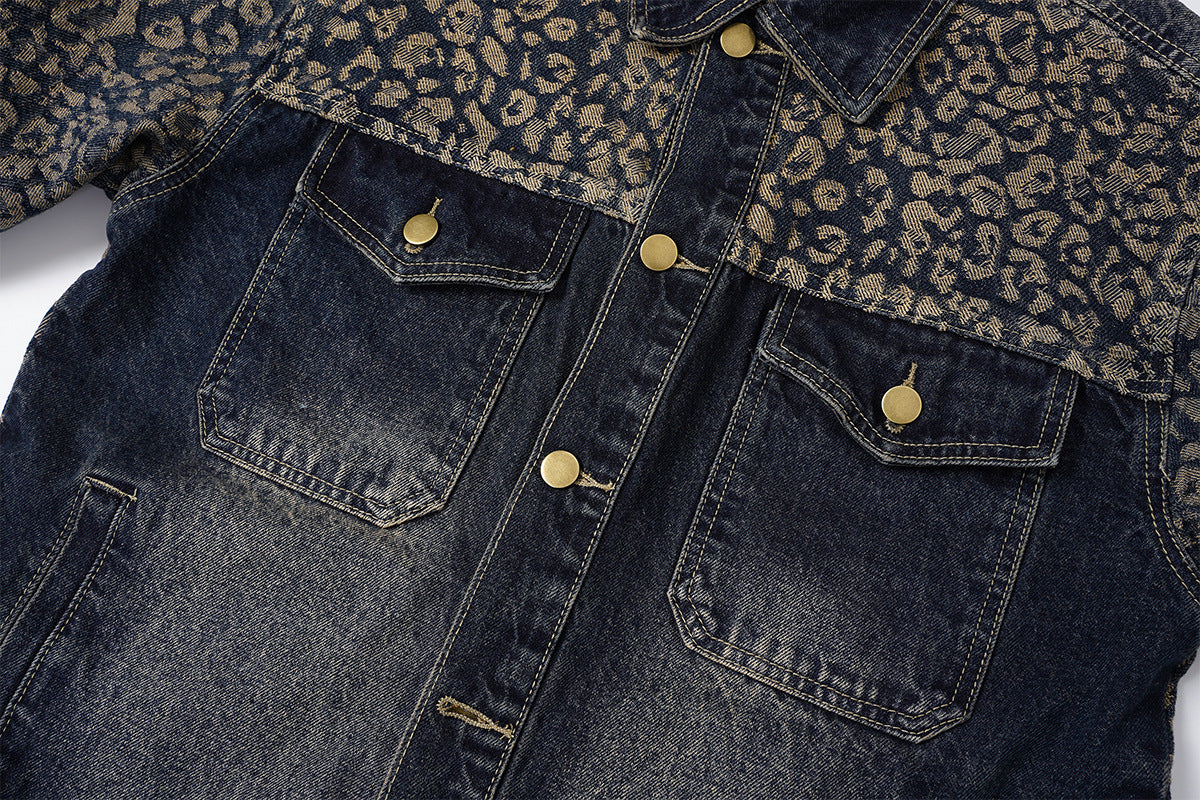 Veste en jean à imprimé léopard – Veste trucker patchwork délavée à col à pointes