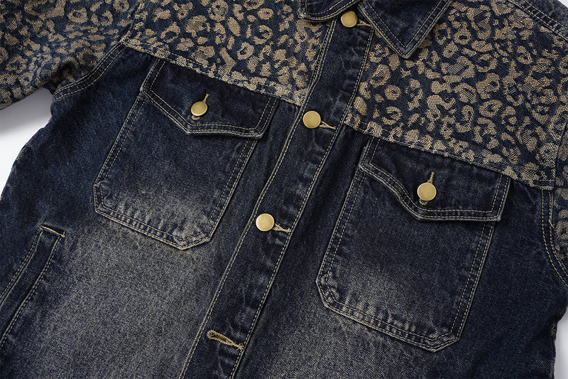 Veste en jean à imprimé léopard – Veste trucker patchwork délavée à col à pointes