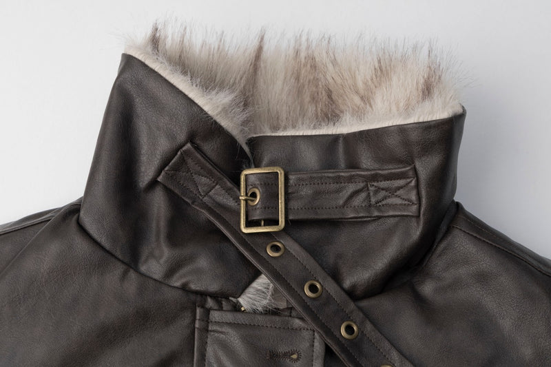 Faux Leather Bomber Jacket with Fur Collar – Padded Aviator Style