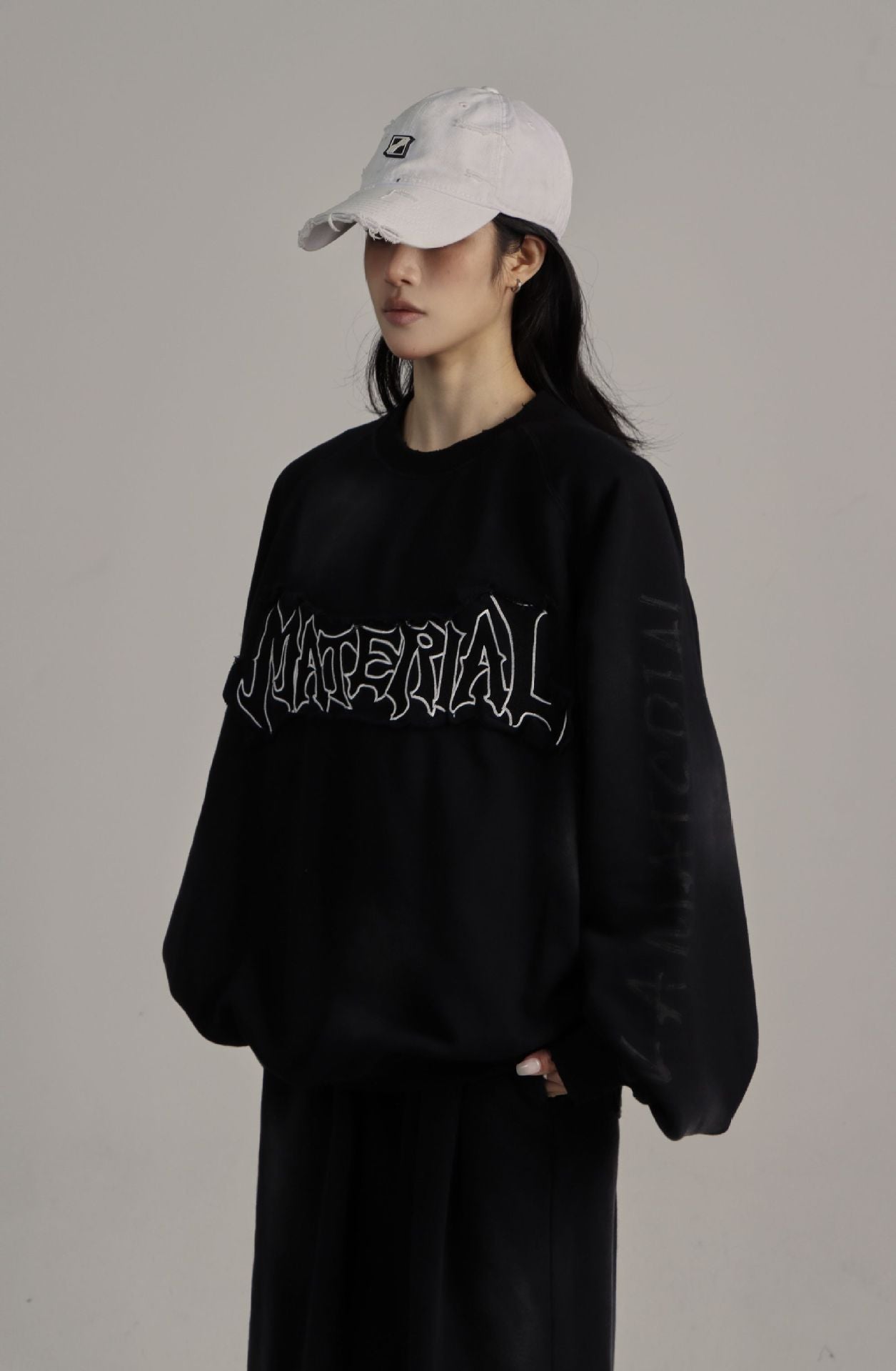 Men's Crew Neck Sweater Washed Distressed 'Material' Graphic Patch Sweatshirt
