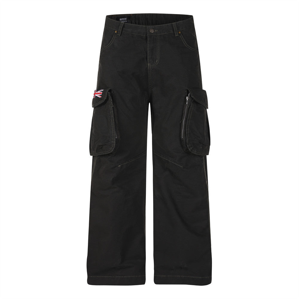 Rhnde wide-leg black cargo pants with Union Jack embroidered patch and multi-pocket design, front and back view