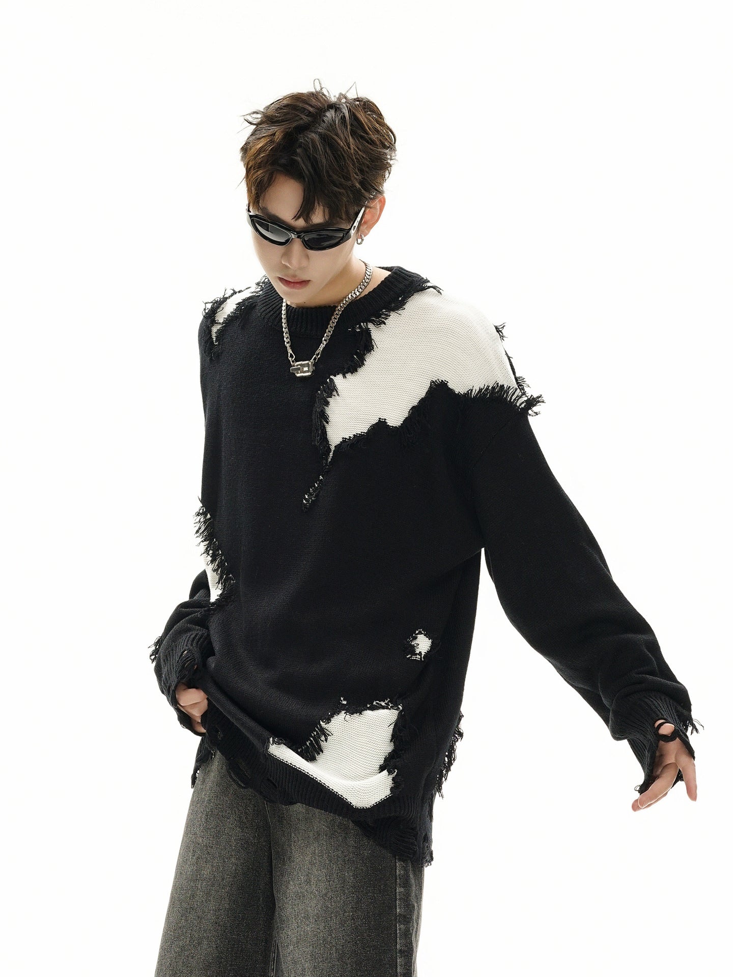Pull en maille color block effet usé – Pull oversize à franges, style high-street