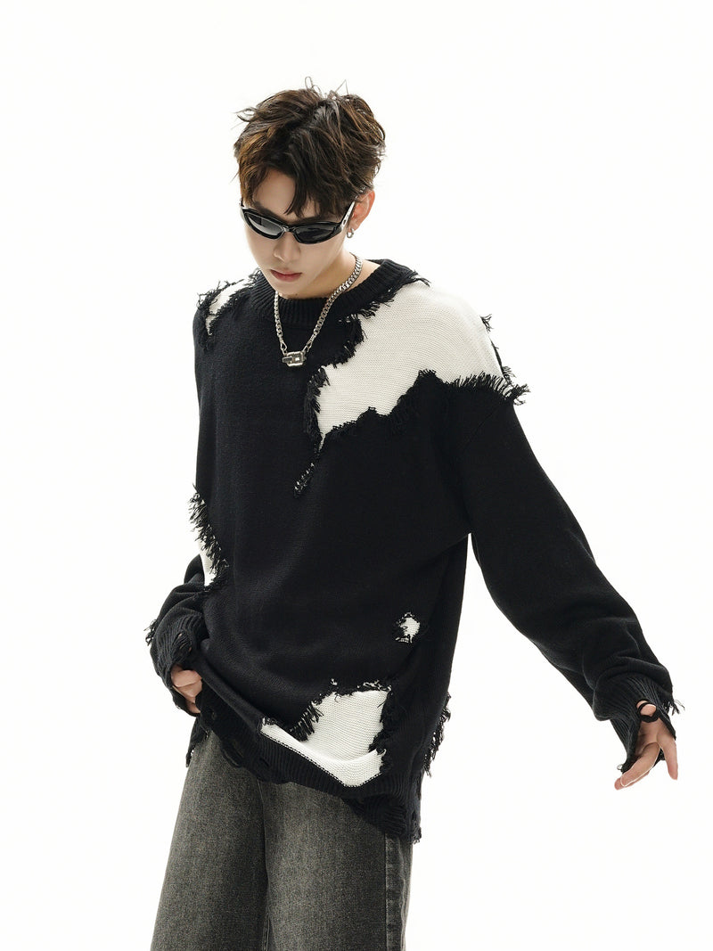 Pull en maille color block effet usé – Pull oversize à franges, style high-street