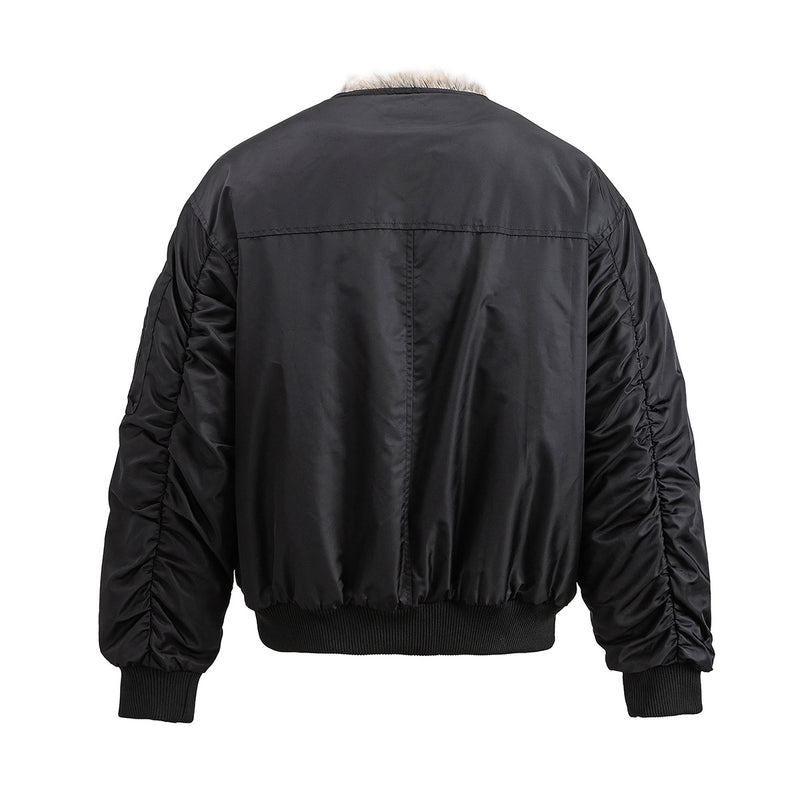Faux Fur Collar Bomber Jacket with Quilted Lining