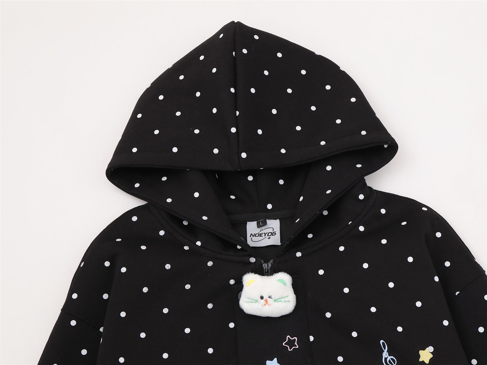 Polka Dot Zip-Up Hoodie with 3D Cat Patch & Star Embroidery – Oversized Unisex