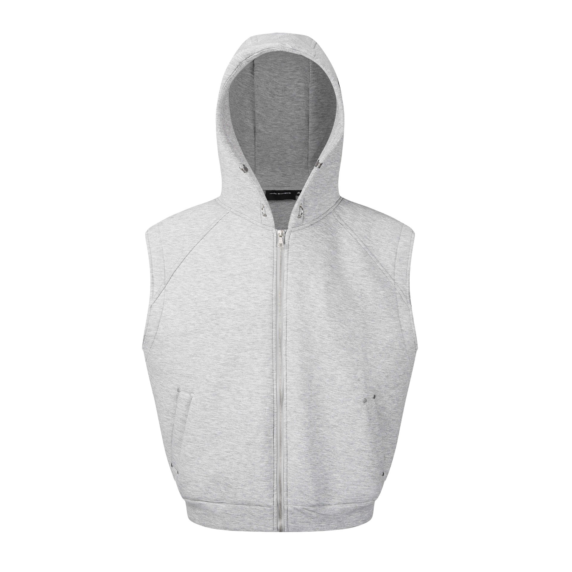 Gilet sweat sans manches zippé à capuche oversize, détail rivets argentés, gris clair