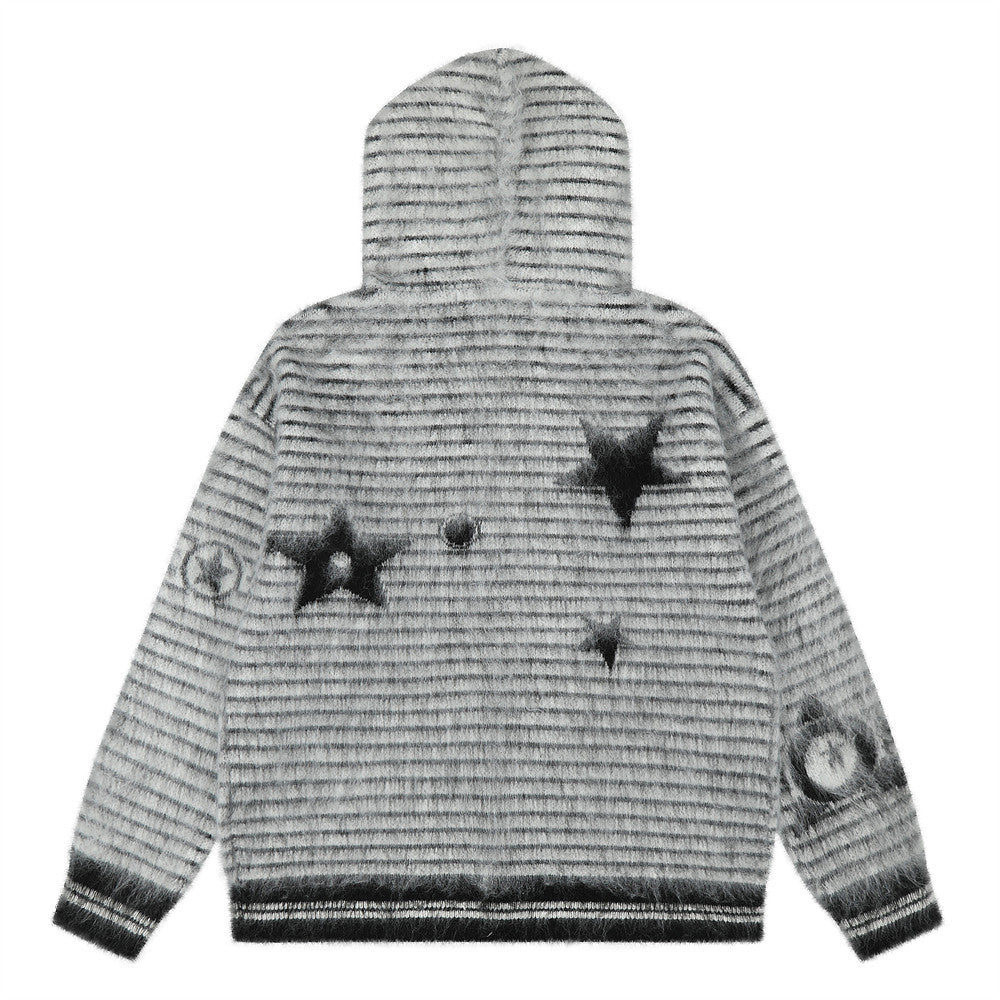 Striped Fur-Trim Zip-Up Knit Hoodie with Star & Circle Print